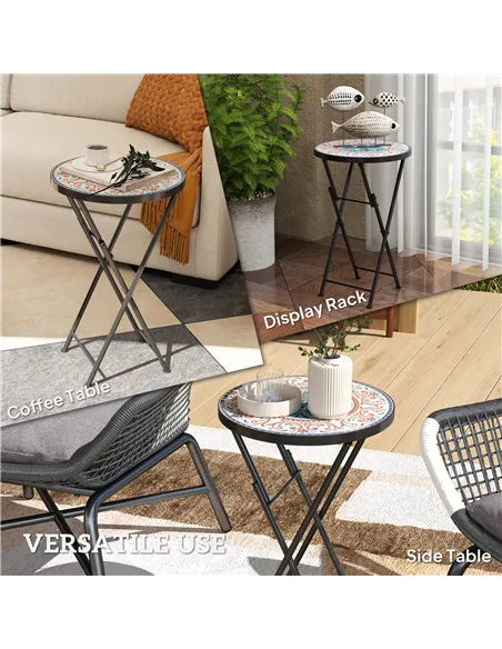 Outsunny Mosaic Outdoor Garden Table, 35.5cm Round Folding Coffee Table with Metal Frame for Balcony Terrace, Multicolour