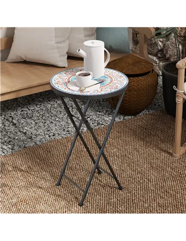 Outsunny Mosaic Outdoor Garden Table, 35.5cm Round Folding Coffee Table with Metal Frame for Balcony Terrace, Multicolour