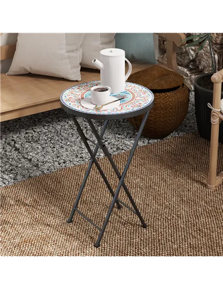 Outsunny Mosaic Outdoor Garden Table, 35.5cm Round Folding Coffee Table with Metal Frame for Balcony Terrace, Multicolour