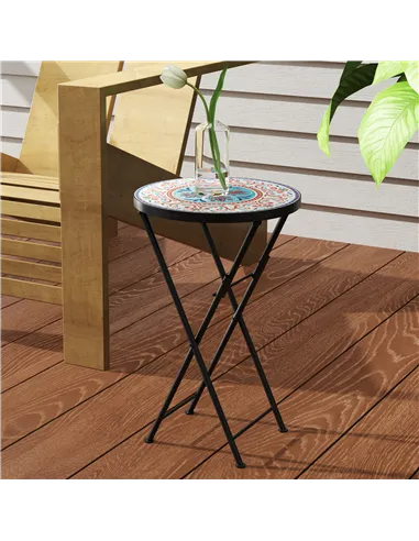 Outsunny Mosaic Outdoor Garden Table, 35.5cm Round Folding Coffee Table with Metal Frame for Balcony Terrace, Multicolour
