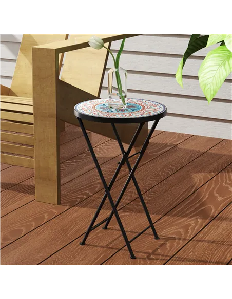 Outsunny Mosaic Outdoor Garden Table, 35.5cm Round Folding Coffee Table with Metal Frame for Balcony Terrace, Multicolour