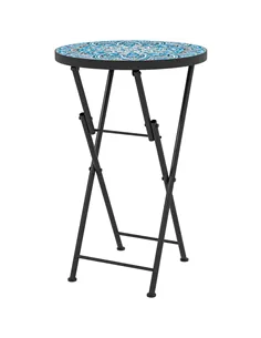 Outsunny Mosaic Outdoor Garden Table, 35.5cm Round Folding Coffee Table with Metal Frame for Balcony Terrace, Blue