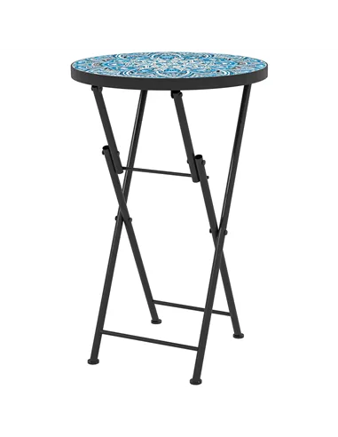 Outsunny Mosaic Outdoor Garden Table, 35.5cm Round Folding Coffee Table with Metal Frame for Balcony Terrace, Blue