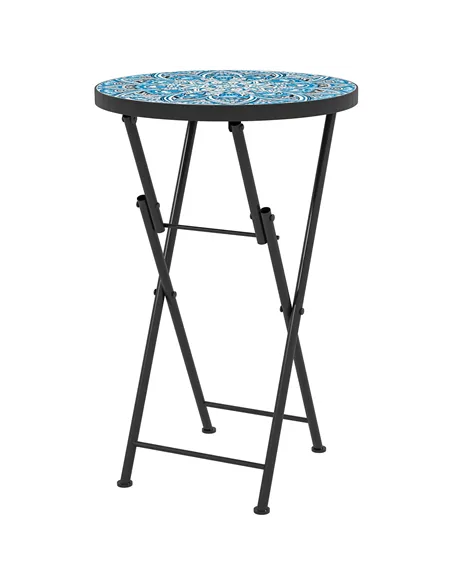 Outsunny Mosaic Outdoor Garden Table, 35.5cm Round Folding Coffee Table with Metal Frame for Balcony Terrace, Blue