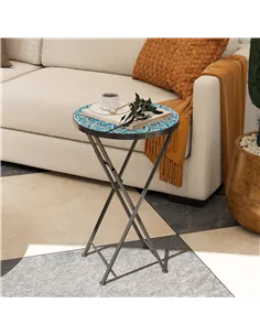 Outsunny Mosaic Outdoor Garden Table, 35.5cm Round Folding Coffee Table with Metal Frame for Balcony Terrace, Blue 2