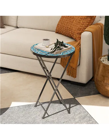 Outsunny Mosaic Outdoor Garden Table, 35.5cm Round Folding Coffee Table with Metal Frame for Balcony Terrace, Blue