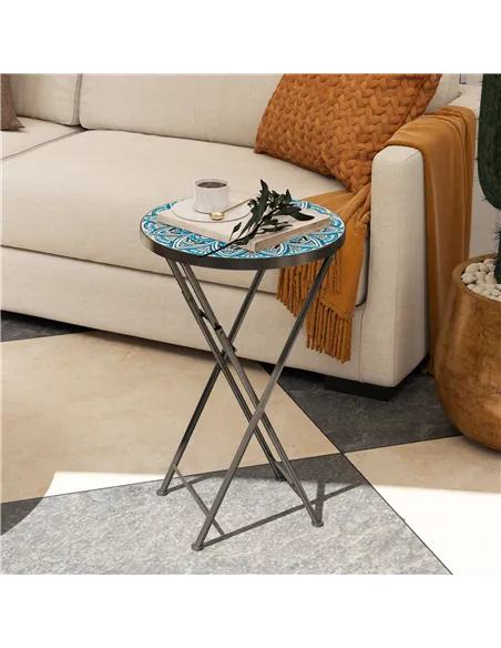 Outsunny Mosaic Outdoor Garden Table, 35.5cm Round Folding Coffee Table with Metal Frame for Balcony Terrace, Blue