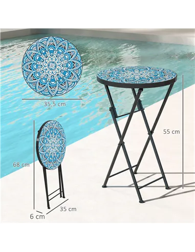 Outsunny Mosaic Outdoor Garden Table, 35.5cm Round Folding Coffee Table with Metal Frame for Balcony Terrace, Blue