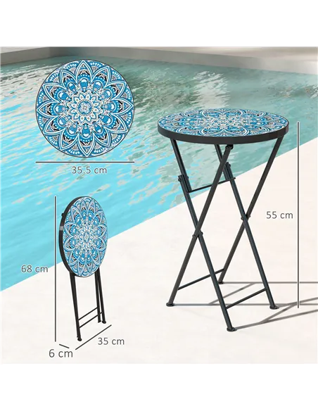 Outsunny Mosaic Outdoor Garden Table, 35.5cm Round Folding Coffee Table with Metal Frame for Balcony Terrace, Blue