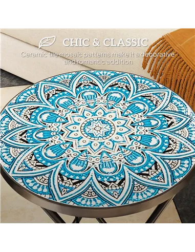 Outsunny Mosaic Outdoor Garden Table, 35.5cm Round Folding Coffee Table with Metal Frame for Balcony Terrace, Blue
