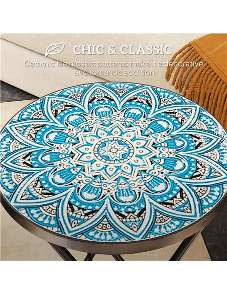Outsunny Mosaic Outdoor Garden Table, 35.5cm Round Folding Coffee Table with Metal Frame for Balcony Terrace, Blue