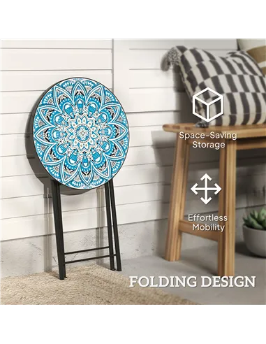 Outsunny Mosaic Outdoor Garden Table, 35.5cm Round Folding Coffee Table with Metal Frame for Balcony Terrace, Blue