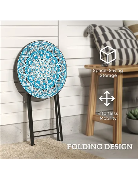 Outsunny Mosaic Outdoor Garden Table, 35.5cm Round Folding Coffee Table with Metal Frame for Balcony Terrace, Blue