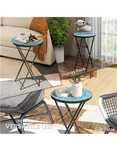 Outsunny Mosaic Outdoor Garden Table, 35.5cm Round Folding Coffee Table with Metal Frame for Balcony Terrace, Blue