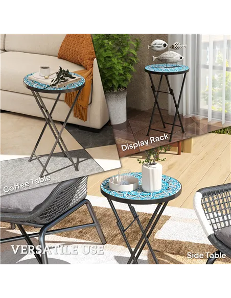 Outsunny Mosaic Outdoor Garden Table, 35.5cm Round Folding Coffee Table with Metal Frame for Balcony Terrace, Blue