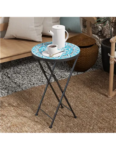 Outsunny Mosaic Outdoor Garden Table, 35.5cm Round Folding Coffee Table with Metal Frame for Balcony Terrace, Blue