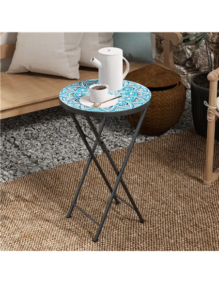 Outsunny Mosaic Outdoor Garden Table, 35.5cm Round Folding Coffee Table with Metal Frame for Balcony Terrace, Blue