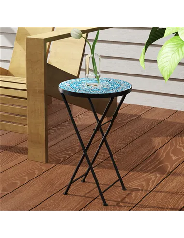 Outsunny Mosaic Outdoor Garden Table, 35.5cm Round Folding Coffee Table with Metal Frame for Balcony Terrace, Blue