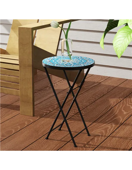 Outsunny Mosaic Outdoor Garden Table, 35.5cm Round Folding Coffee Table with Metal Frame for Balcony Terrace, Blue