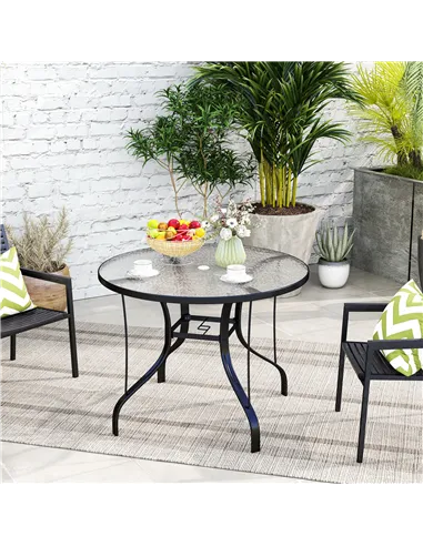 Outsunny Tempered Glass Top Round Outdoor Dining Table with Parasol Hole, 96.5 x 96.5 x 71 cm