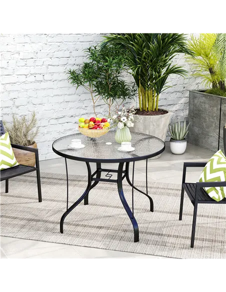 Outsunny Tempered Glass Top Round Outdoor Dining Table with Parasol Hole, 96.5 x 96.5 x 71 cm