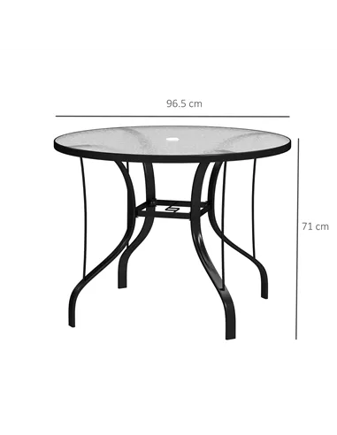 Outsunny Tempered Glass Top Round Outdoor Dining Table with Parasol Hole, 96.5 x 96.5 x 71 cm