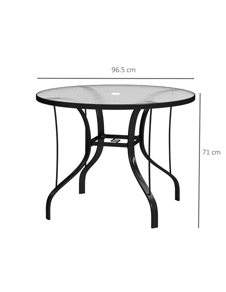 Outsunny Tempered Glass Top Round Outdoor Dining Table with Parasol Hole, 96.5 x 96.5 x 71 cm