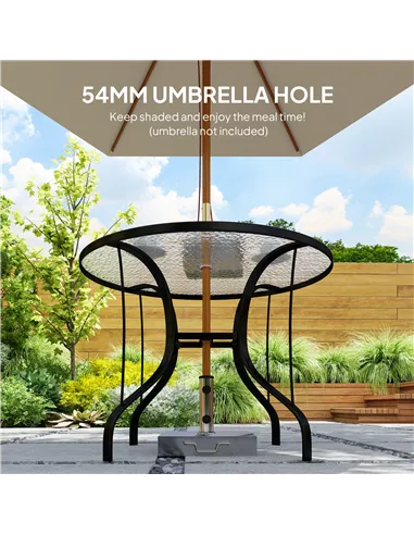 Outsunny Tempered Glass Top Round Outdoor Dining Table with Parasol Hole, 96.5 x 96.5 x 71 cm