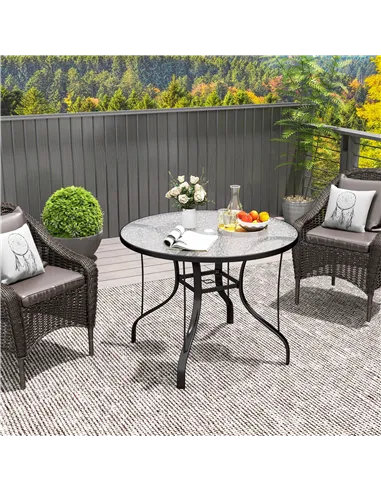 Outsunny Tempered Glass Top Round Outdoor Dining Table with Parasol Hole, 96.5 x 96.5 x 71 cm