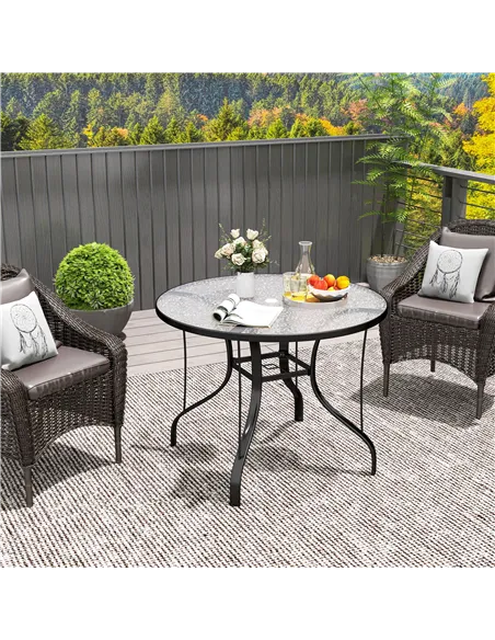 Outsunny Tempered Glass Top Round Outdoor Dining Table with Parasol Hole, 96.5 x 96.5 x 71 cm