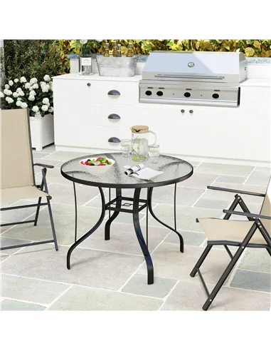 Outsunny Tempered Glass Top Round Outdoor Dining Table with Parasol Hole, 96.5 x 96.5 x 71 cm