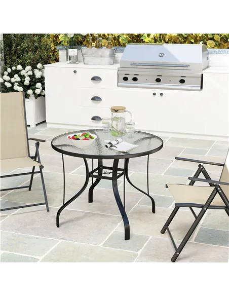 Outsunny Tempered Glass Top Round Outdoor Dining Table with Parasol Hole, 96.5 x 96.5 x 71 cm