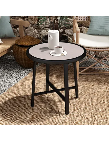 Outsunny Round Small Garden Table, 50.5cm Outdoor Side Table with SPC Tabletop, Metal Frame and Anti-slip Foot Pads for Garden, 