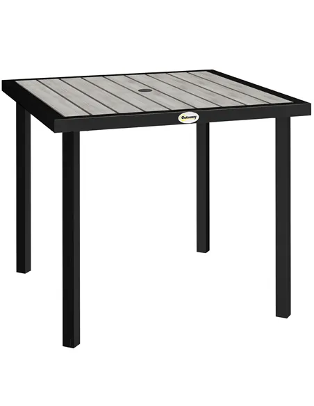 Outsunny Square Garden Dining Table with 5.4cm Parasol Hole, Slatted Top, Metal Frame, 86 x 86 x 71 cm, Light Grey