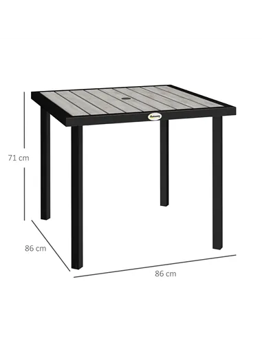 Outsunny Square Garden Dining Table with 5.4cm Parasol Hole, Slatted Top, Metal Frame, 86 x 86 x 71 cm, Light Grey
