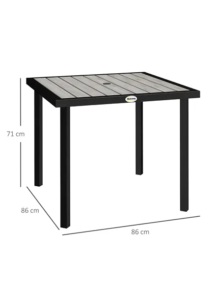Outsunny Square Garden Dining Table with 5.4cm Parasol Hole, Slatted Top, Metal Frame, 86 x 86 x 71 cm, Light Grey