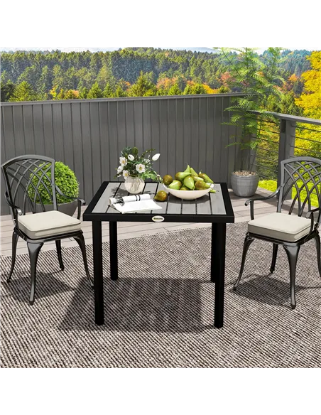 Outsunny Square Garden Dining Table with 5.4cm Parasol Hole, Slatted Top, Metal Frame, 86 x 86 x 71 cm, Light Grey