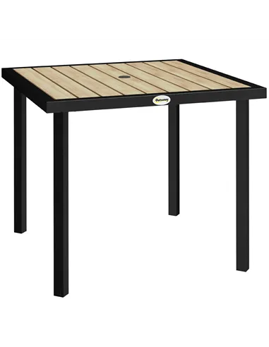 Outsunny Square Garden Dining Table with 5.4cm Parasol Hole, Slatted Top, Metal Frame, 86 x 86 x 71cm, Brown