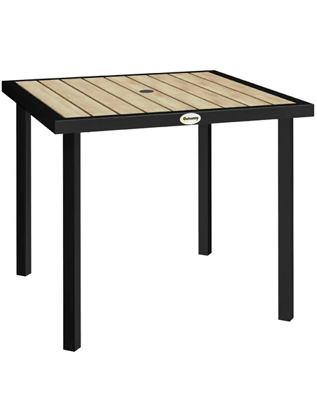 Outsunny Square Garden Dining Table with 5.4cm Parasol Hole, Slatted Top, Metal Frame, 86 x 86 x 71cm, Brown