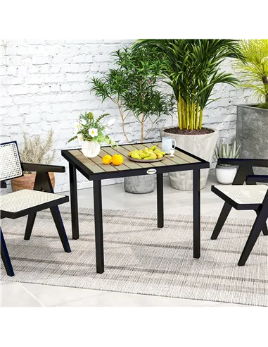 Outsunny Square Garden Dining Table with 5.4cm Parasol Hole, Slatted Top, Metal Frame, 86 x 86 x 71cm, Brown