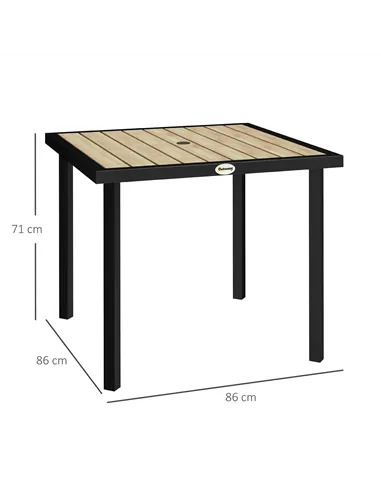 Outsunny Square Garden Dining Table with 5.4cm Parasol Hole, Slatted Top, Metal Frame, 86 x 86 x 71cm, Brown