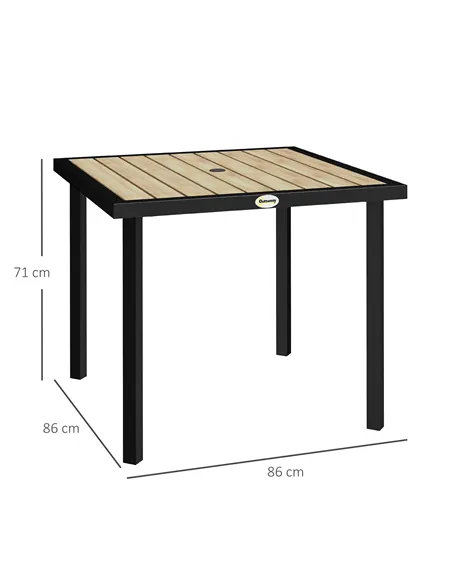 Outsunny Square Garden Dining Table with 5.4cm Parasol Hole, Slatted Top, Metal Frame, 86 x 86 x 71cm, Brown