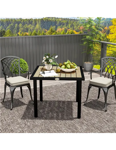 Outsunny Square Garden Dining Table with 5.4cm Parasol Hole, Slatted Top, Metal Frame, 86 x 86 x 71cm, Brown