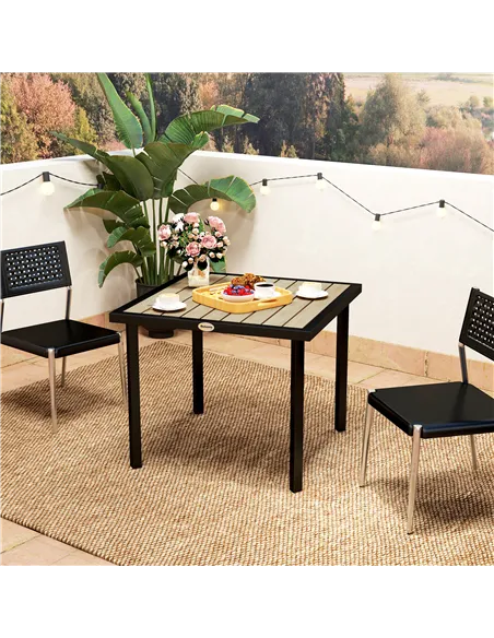 Outsunny Square Garden Dining Table with 5.4cm Parasol Hole, Slatted Top, Metal Frame, 86 x 86 x 71cm, Brown