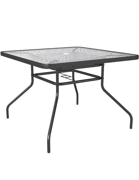 Outsunny Square Garden Dining Table with Tempered Glass Top & Umbrella Hole, 100 x 100 cm