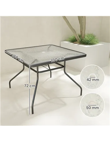 Outsunny Square Garden Dining Table with Tempered Glass Top & Umbrella Hole, 100 x 100 cm