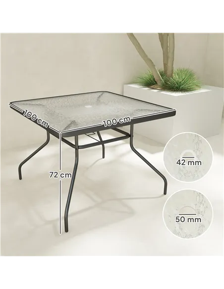 Outsunny Square Garden Dining Table with Tempered Glass Top & Umbrella Hole, 100 x 100 cm