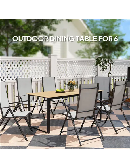 Outsunny Garden Table for 6 People, 175 x 78 x 75 cm Rectangle Outdoor Dining Table with Slatted Top, Metal Frame, for Balcony, 