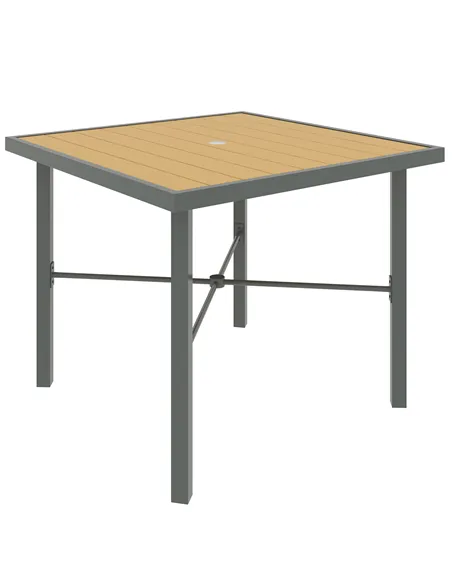 Outsunny Garden Table for 4, 90 cm Rectangular Outdoor Dining Table with 4.2 cm Umbrella Hole, Wood Effect Top, Rust Resistant F