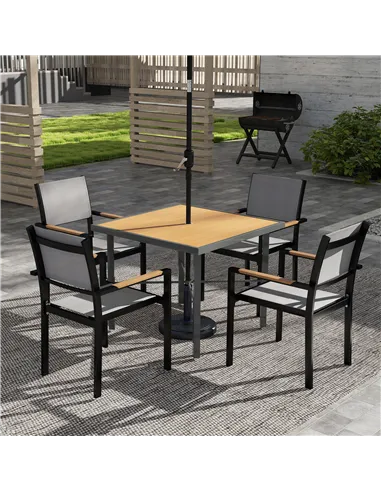 Outsunny Garden Table for 4, 90 cm Rectangular Outdoor Dining Table with 4.2 cm Umbrella Hole, Wood Effect Top, Rust Resistant F